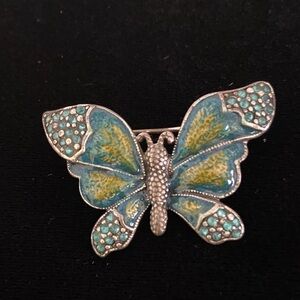 Vintage TC Teal Enamel Butterfly Brooch Silver Tone Rhinestone
